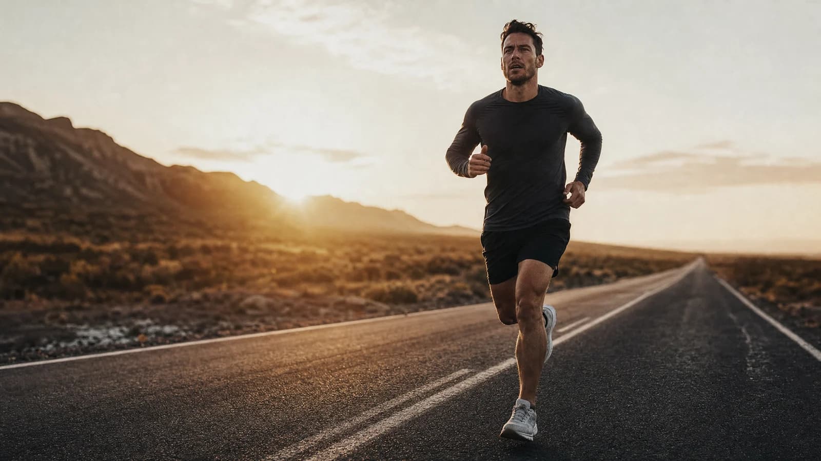 A man running at first light, copper on black