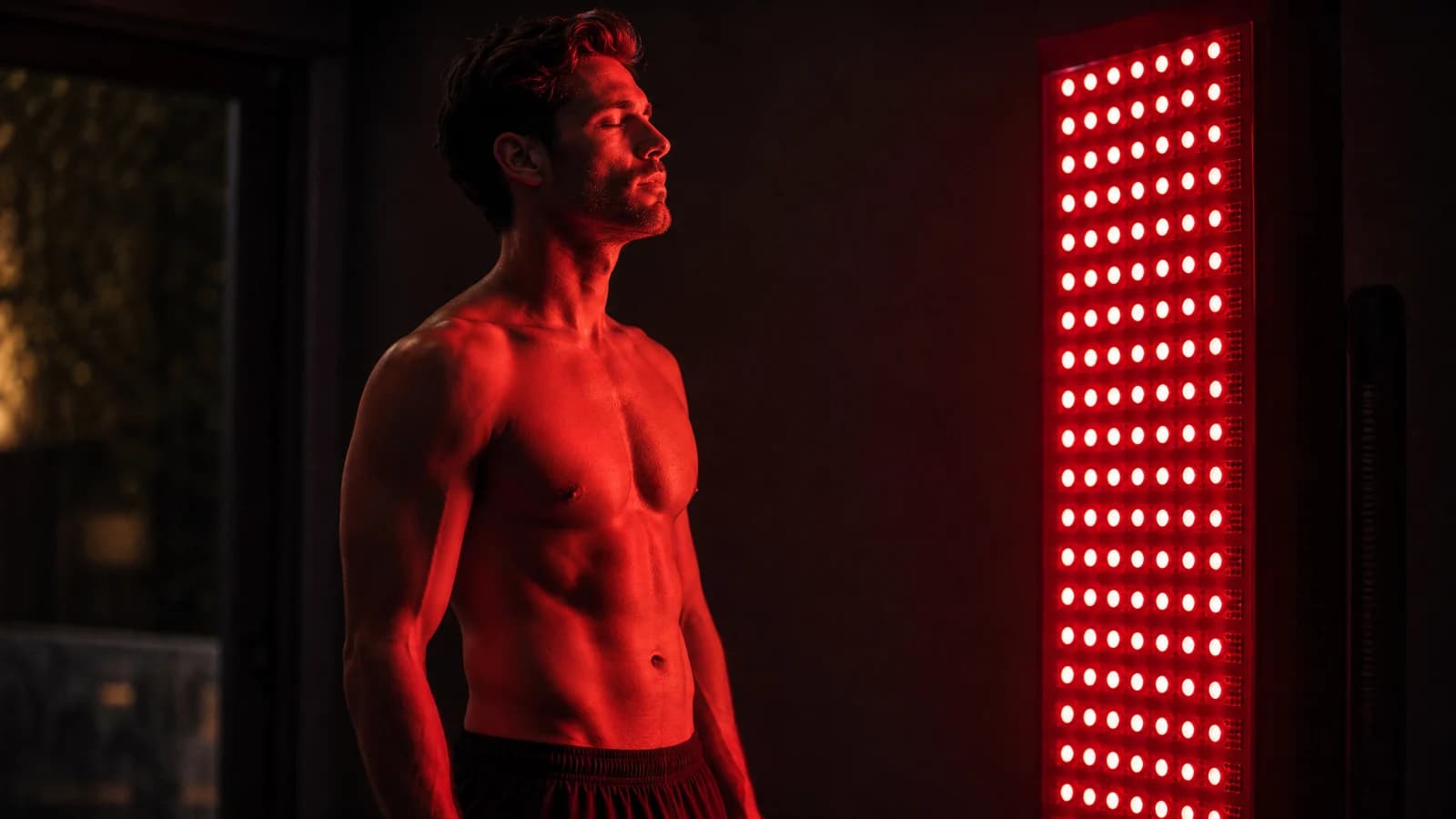 A man before a red-light therapy panel in a dark room