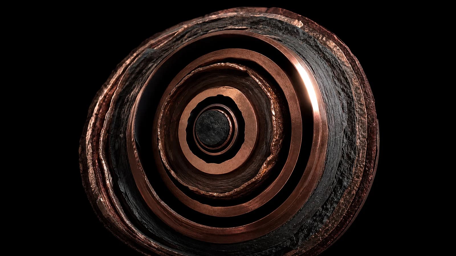 Concentric copper strata around a hidden core, on black