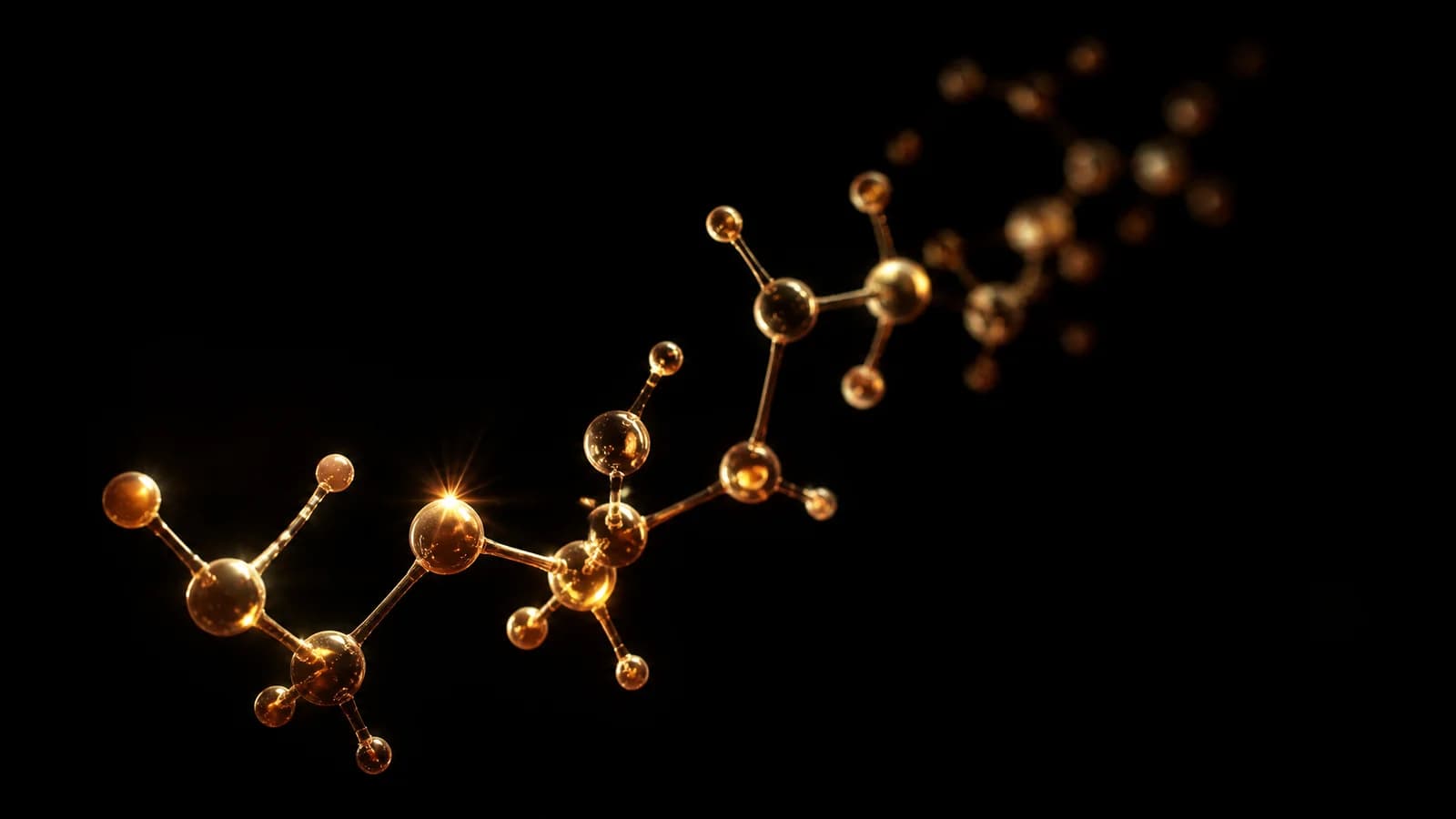 A glowing copper peptide molecule chain on black