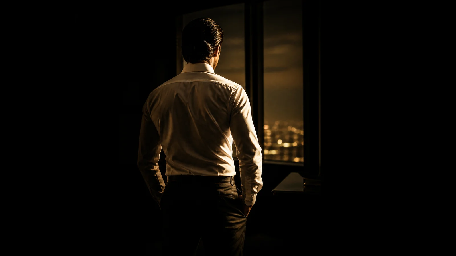 Powerful man from behind at a window, white shirt